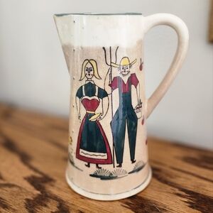 Vintage Fred Roberts Co Pennsylvania Dutch Amish Farmer & Wife Pitcher 1940s